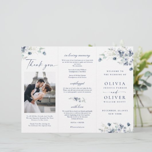 ダスティーエレガントブルーウィンターウエディングプログラム (スタンド正面)