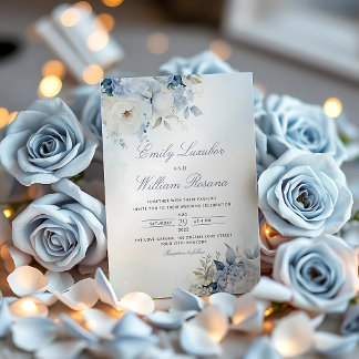 ダスティーエレガントブルーウォーターカラーボホフローラズ結婚 招待状