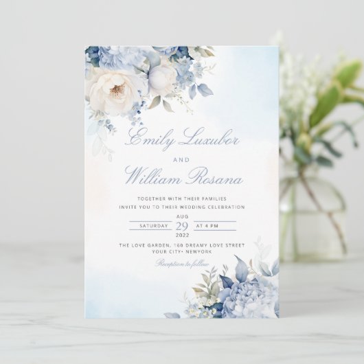 ダスティーエレガントブルーウォーターカラーボホフローラズ結婚 招待状 (スタンド正面)