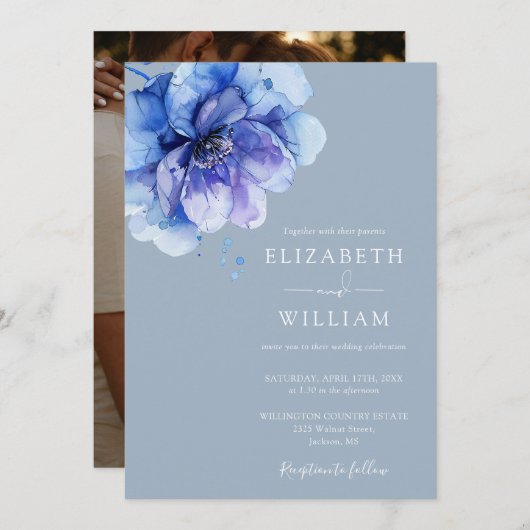 ダスティーエレガントブルーウォーターフローラフォト結婚ズ 招待状 (正面/裏面)