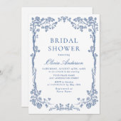 ダスティーエレガントブルーガーデンフランスのブライダルシャワー 招待状 (正面/裏面)