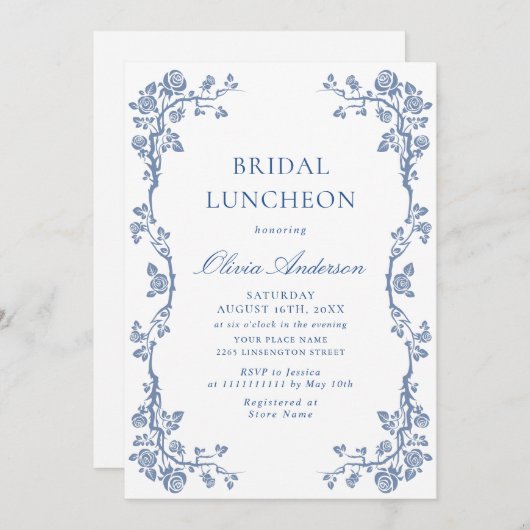 ダスティーエレガントブルーガーデンフランスのブライダル昼食会 招待状 (正面/裏面)