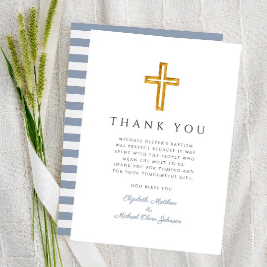 ダスティーエレガントブルークロスボーイバプテスマ サンキューカード
