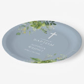 ダスティーエレガントブルーグリーナリーバプテスマ《キリスト教》洗礼式や命名式 ペーパープレート (アングル)