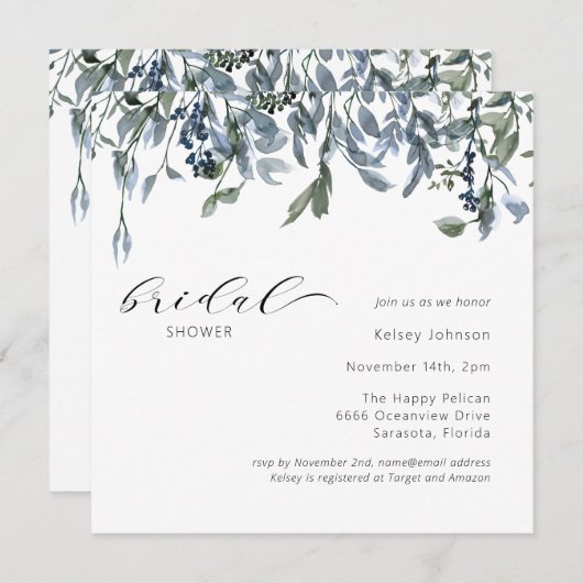 ダスティーエレガントブルーグリーナリーブライダルシャワー 招待状 (正面/裏面)