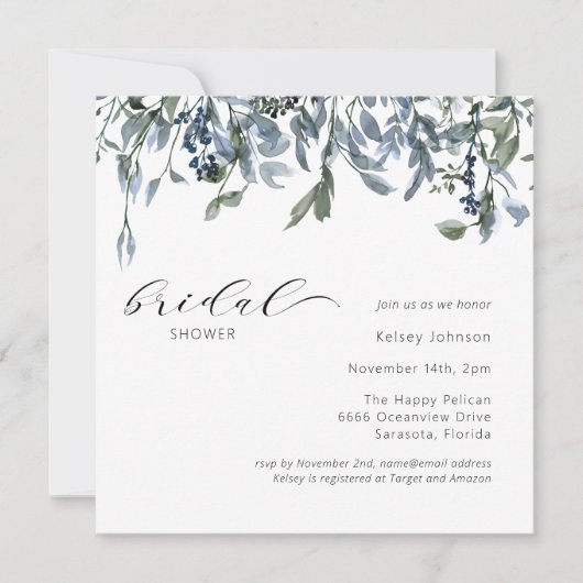 ダスティーエレガントブルーグリーナリーブライダルシャワー 招待状 (正面)