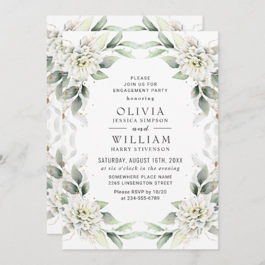 ダスティーエレガントブルーグリーナリー婚約パーティ 招待状 (正面/裏面)