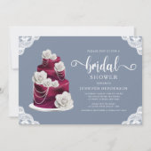 ダスティーエレガントブルーケーキ及びレースブライダルシャワー 招待状 (正面)