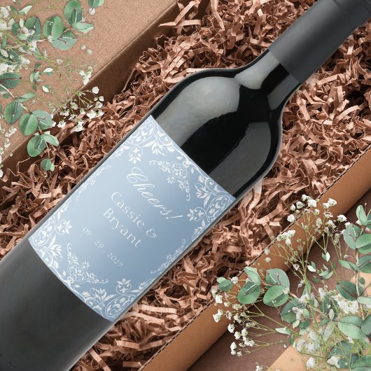 ダスティーエレガントブルーシック応援スタイリッシュズ結婚 ワインラベル