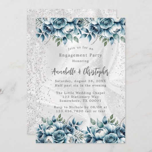 ダスティーエレガントブルーシルバーバラ婚約パーティ 招待状 (正面/裏面)