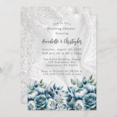 ダスティーエレガントブルーシルバーブーケウェディングシャワー 招待状 (正面/裏面)