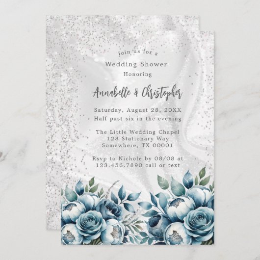 ダスティーエレガントブルーシルバーブーケウェディングシャワー 招待状 (正面/裏面)