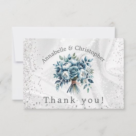 ダスティーエレガントブルーシルバーブーケ結婚ーズ サンキューカード (正面)