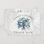 ダスティーエレガントブルーシルバーブーケ結婚ーズ サンキューカード (正面/裏面)