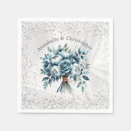 ダスティーエレガントブルーシルバーブーケ結婚ーズ スタンダードカクテルナプキン