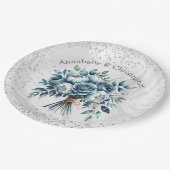 ダスティーエレガントブルーシルバーブーケ結婚ーズ ペーパープレート (アングル)