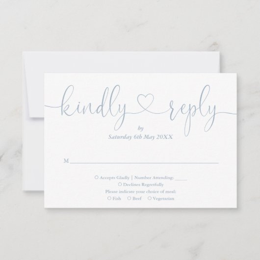 ダスティーエレガントブルースクリプトハート親切に返信 出欠カード (正面)