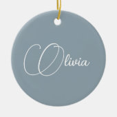 ダスティーエレガントブルースクリプト名クリスマス セラミックオーナメント (正面)