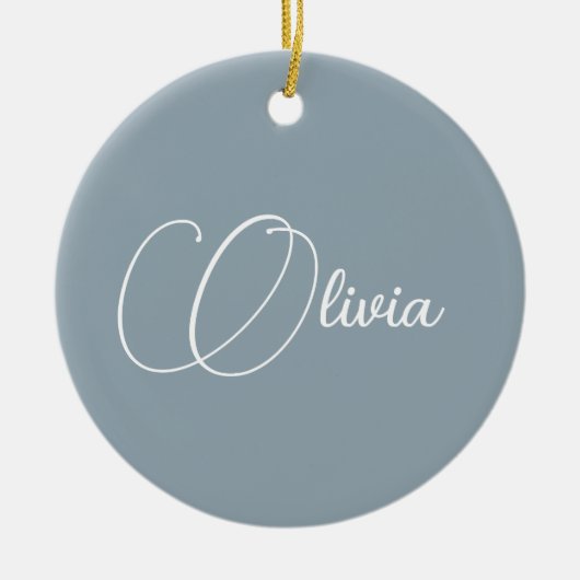 ダスティーエレガントブルースクリプト名クリスマス セラミックオーナメント (正面)