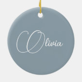 ダスティーエレガントブルースクリプト名クリスマス セラミックオーナメント (裏面)