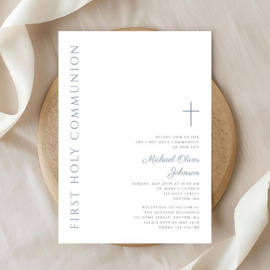 ダスティーエレガントブルースクリプト最初の聖餐式 招待状