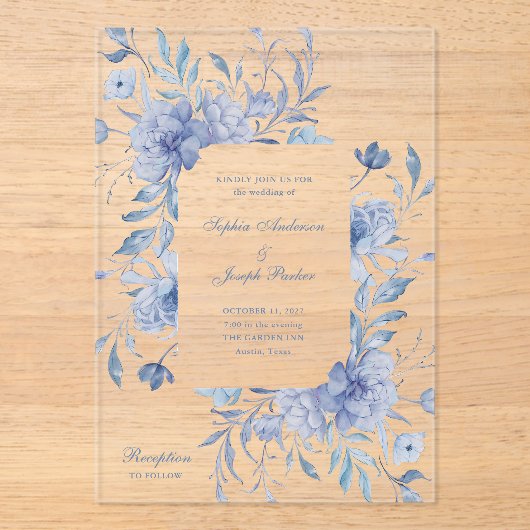 ダスティーエレガントブルーチノイスリーフローラ結婚ズ アクリル招待状 (正面)
