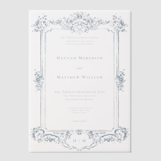 ダスティーエレガントブルーチノワセリーケルブ結婚ズ ベラム紙招待状 (正面)