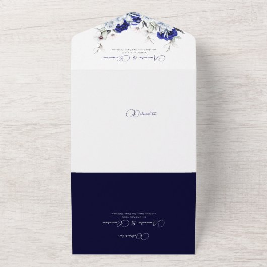 ダスティーエレガントブルーネイビーフローラアーチ結婚ズ オールインワン招待状 (外側)