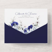 ダスティーエレガントブルーネイビーフローラアーチ結婚ズ オールインワン招待状 (裏面)