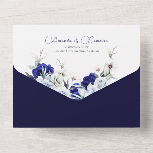 ダスティーエレガントブルーネイビーフローラアーチ結婚ズ オールインワン招待状 (裏面)