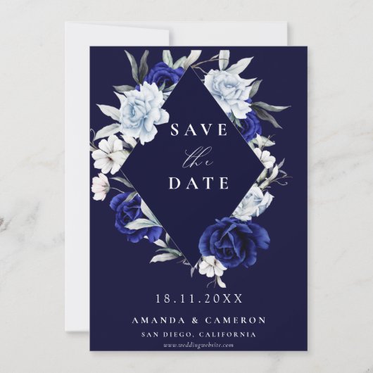 ダスティーエレガントブルーネイビーフローラジオメトリック結婚ス セーブザデート (正面)