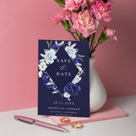 ダスティーエレガントブルーネイビーフローラジオメトリック結婚ス セーブザデート