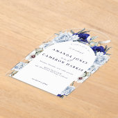 ダスティーエレガントブルーネイビーフローラ結婚ズアーチ アクリル招待状 (レイダウン)