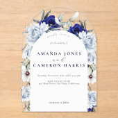 ダスティーエレガントブルーネイビーフローラ結婚ズアーチ アクリル招待状 (正面)