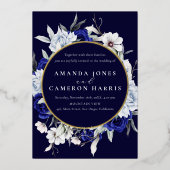 ダスティーエレガントブルーネイビーフローラ結婚ズ金ゴールド 箔招待状 (正面)
