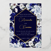 ダスティーエレガントブルーネイビーフローラ結婚ズ金ゴールド 箔招待状 (正面)