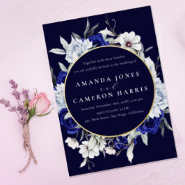 ダスティーエレガントブルーネイビーフローラ結婚ズ金ゴールド 箔招待状