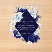 ダスティーエレガントブルーネイビーフローラ結婚ズ アクリル招待状 (正面)
