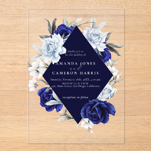 ダスティーエレガントブルーネイビーフローラ結婚ズ アクリル招待状 (正面)