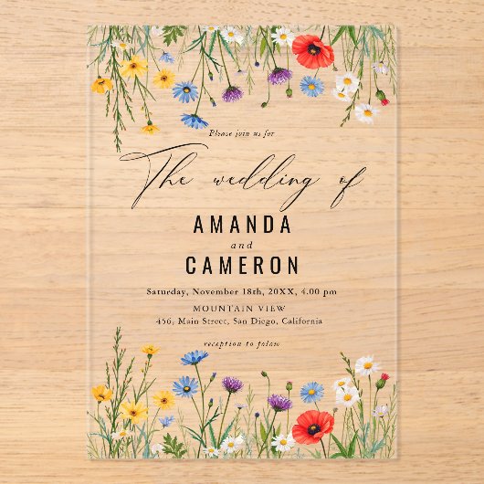 ダスティーエレガントブルーネイビーフローラ結婚ズ アクリル招待状 (正面)