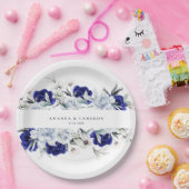 ダスティーエレガントブルーネイビーフローラ結婚ズ ペーパープレート (パーティー)