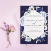 ダスティーエレガントブルーネイビーフローラ結婚ズ 招待状