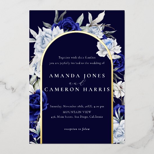 ダスティーエレガントブルーネイビー結婚フローラのアーチ金ゴールド 箔招待状 (正面)