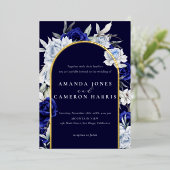 ダスティーエレガントブルーネイビー結婚フローラのアーチ金ゴールド 箔招待状 (立ち正面)