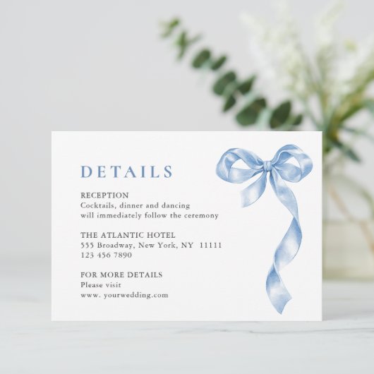 ダスティーエレガントブルーハンドドロードボウの結婚詳細 エンクロージャーカード (スタンド正面)