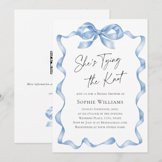 ダスティーエレガントブルーハンドドロードボウブライダルシャワー 招待状 (正面/裏面)