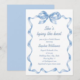 ダスティーエレガントブルーハンドドロードボウブライダルシャワー 招待状