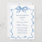 ダスティーエレガントブルーハンドドロードボウ婚約パーティ 招待状 (正面)