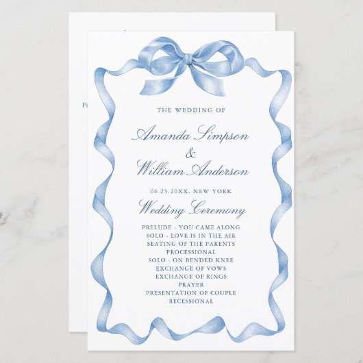 ダスティーエレガントブルーハンドドロードボウ結婚式 プログラム (正面/裏面)