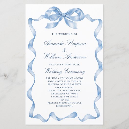 ダスティーエレガントブルーハンドドロードボウ結婚式 プログラム (正面)
